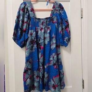 Blue and Pink Ruched Puff Sleeve Sundress